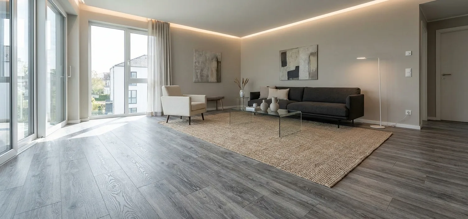 طراحی داخلی مدرن پذیرایی با پارکت لمینت طوسی رنگ ایزوفام